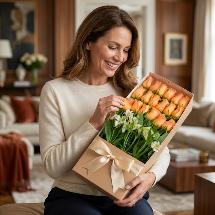 Mujer elegante sonriendo y admirando una caja de 18 rosas salmón con alstroemerias blancas, en un lujoso interior de hogar co