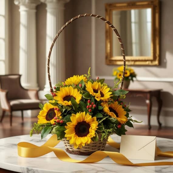 Canasta floral de mimbre con 12 girasoles vibrantes, follaje verde y bayas rojas, sobre una mesa de mármol con una cinta dora