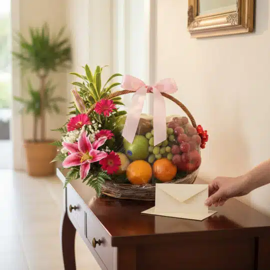 Canasta Frutal CARMINE con flores frescas y frutas variadas, lista para entregar, sobre una mesa de madera elegante con una m