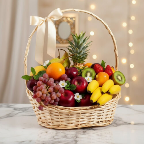 Canasta de mimbre con frutas frescas variadas como piña, uvas, manzanas, kiwis, naranjas, peras, fresas y plátanos, decorada