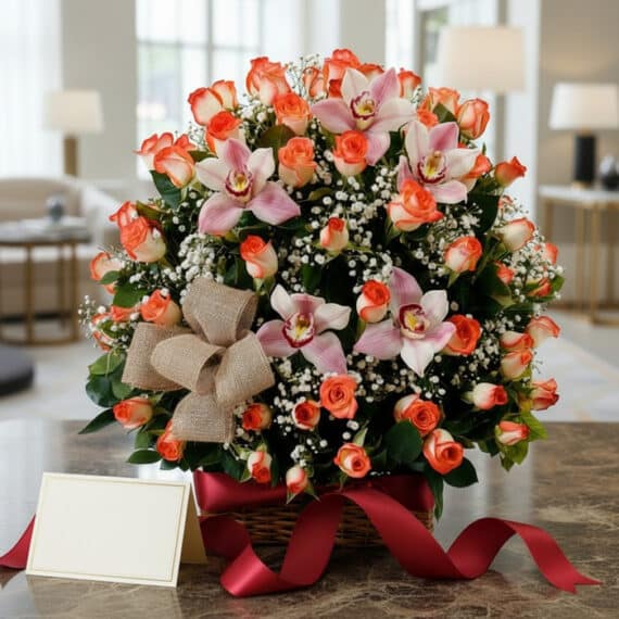 Canasta de rosas y orquídeas en tonos salmón y rosa, con gypsophila y un lazo de yute, sobre una mesa de mármol con una cinta