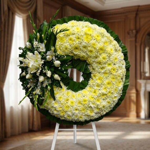 Corona Fúnebre Bethesda: Elegancia Floral para Homenajes Póstumos Corona fúnebre Bethesda con crisantemos blancos y lirios, en una sala de velación premium con luz natural suave y bokeh.