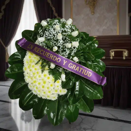 Corona fúnebre 'Descansa en Paz' con rosas blancas y margaritas, cinta morada 'En Recuerdo y Gratitud', en sala de velación p