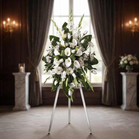 Corona Fúnebre ‘Homenaje Guadalupe’: Elegancia y Respeto en Cada Flor Impresionante corona fúnebre 'Homenaje Guadalupe' con lirios blancos, calas y margaritas, sobre un trípode en una sala de vel