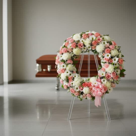 Corona fúnebre Homenaje a Jesús con flores blancas y rosas, presentada en una sala de velación moderna con un ataúd sobrio al