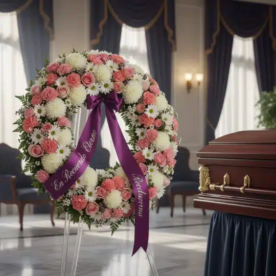 Corona fúnebre Homenaje a Jesús con flores blancas y rosas, cinta morada con mensaje 'En Recuerdo Eterno', junto a un ataúd e