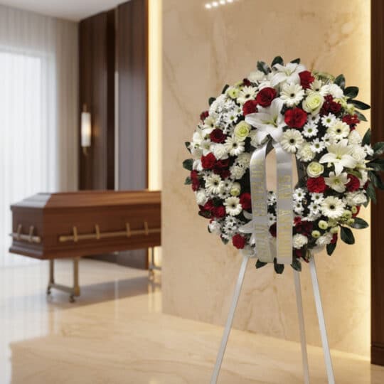 Corona de flores fúnebre Ararat con rosas rojas, lirios blancos y margaritas, en una sala de velación moderna con ataúd desen