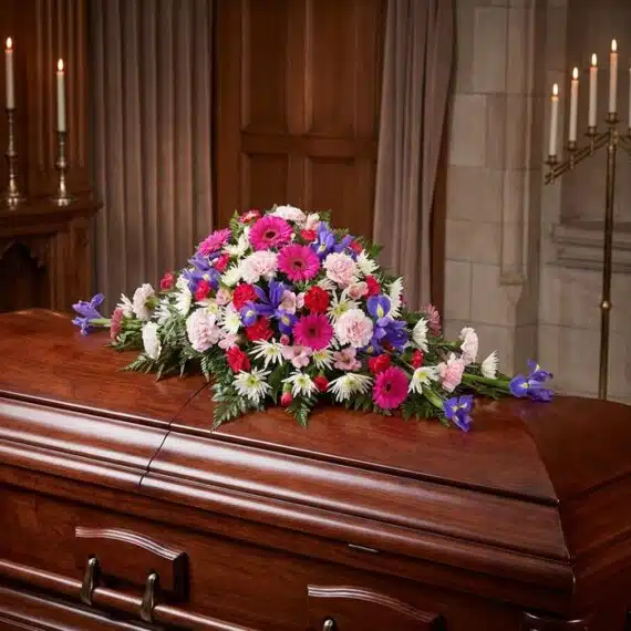 Cubre Caja Fúnebre «El Legado de Francisco» 🕊️ Cubre caja fúnebre "El Legado de Francisco" con flores variadas en tonos rosas, morados y blancos, sobre un ataúd de madera o