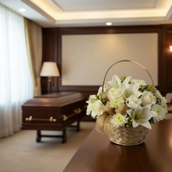 Cubre Caja Fúnebre Elizabeth, un arreglo floral blanco en cesta de mimbre, con rosas, lirios y crisantemos, en una sala de ve