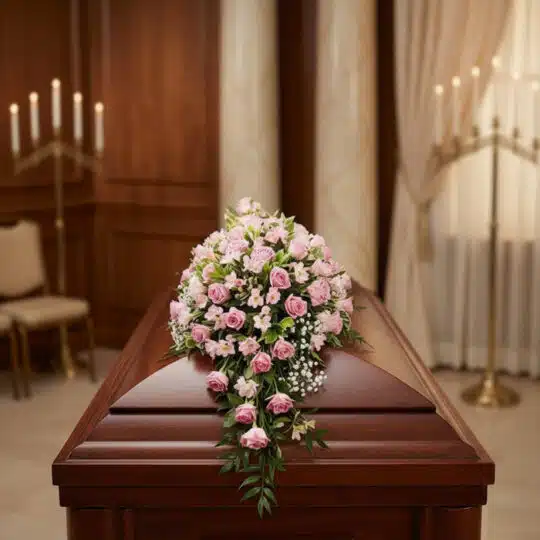 Cubre caja fúnebre con rosas rosadas y follaje verde, sobre un ataúd de madera oscura en una sala de velación premium con luz