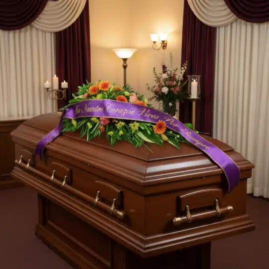 Cubre caja fúnebre 'Paz Eterna' con flores variadas y cinta morada con mensaje 'En Nuestro Corazón Vives Por Siempre' sobre u