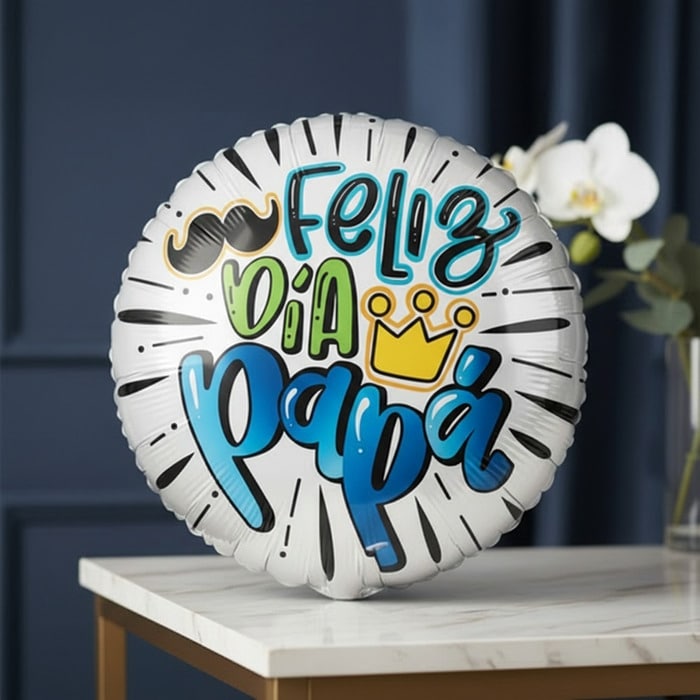 Globo metalizado blanco con la frase 'Feliz Día Papá' en colores vibrantes, bigote y corona, sobre una mesa de mármol con orq