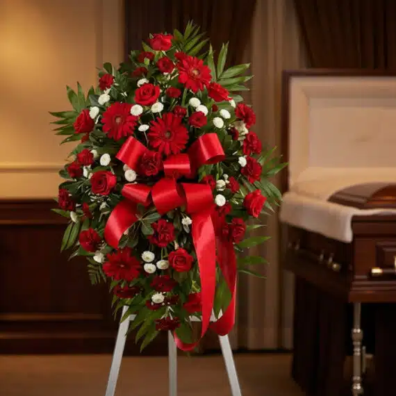 Pedestal fúnebre Homenaje Eterno a Andrés, con rosas rojas, gerberas y follaje verde, adornado con un lazo rojo, en una sala