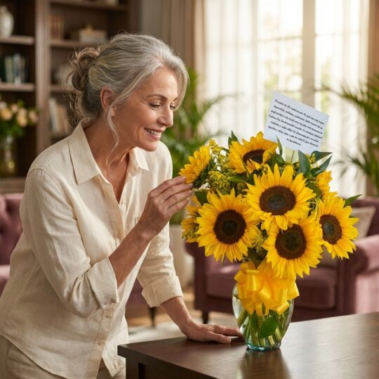 Mujer elegante de cabello gris admirando un jarrón con 12 girasoles vibrantes en un hogar de alto diseño con luz natural suav