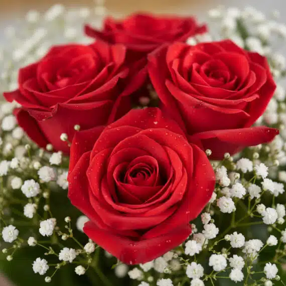 Primer plano extremo de un jarrón con 24 rosas rojas, mostrando texturas hiperrealistas, sutiles gotas de rocío y colores vib