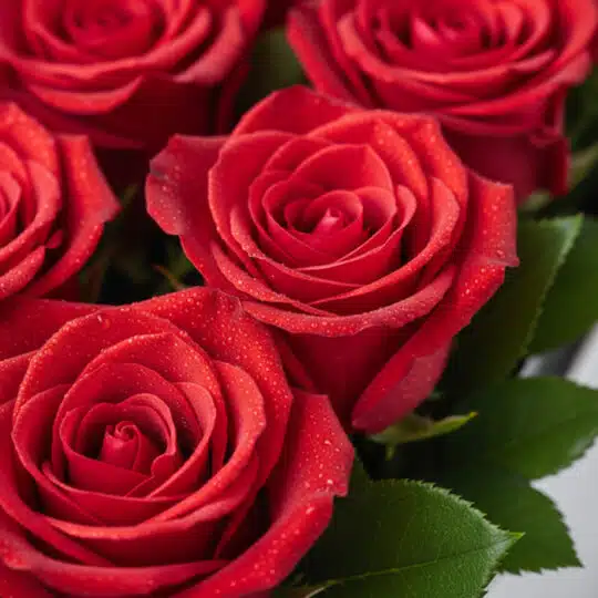 Primer plano extremo de rosas rojas vibrantes con gotas de rocío, mostrando textura hiperrealista y frescura. Iluminación nat