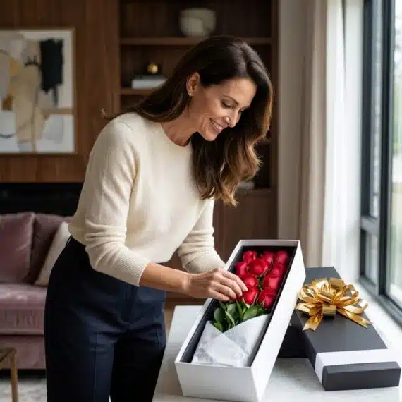 Mujer elegante de mediana edad con suéter crema y pantalones oscuros, sonriendo mientras admira una caja blanca con doce rosa