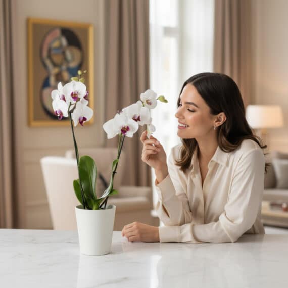 Mujer joven sonriendo y admirando de cerca una orquídea blanca de doble vara con centro morado, en una maceta blanca, sobre u