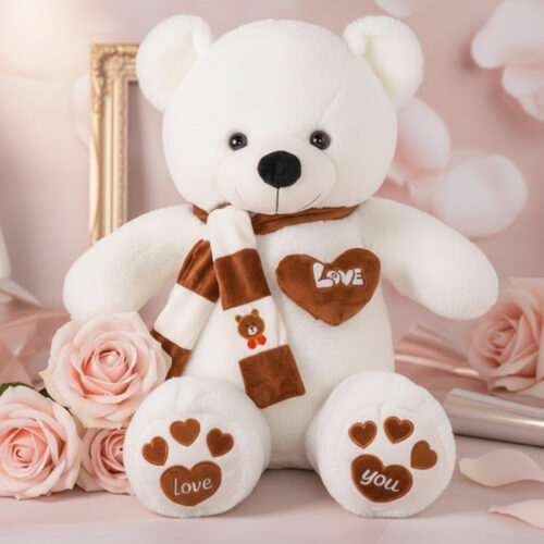 Oso de felpa blanco con bufanda a rayas marrones y blancas, corazón bordado 'LOVE' y patas con huellas de corazón, rodeado de