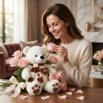Mujer elegante sonriendo y oliendo una rosa rosada, junto a un oso de felpa blanco con un ramo de rosas rosadas en un ambient