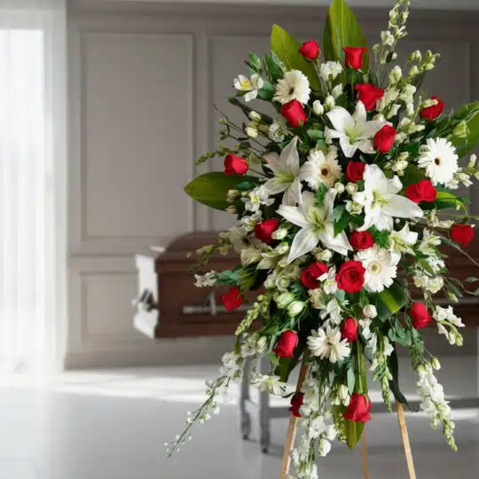 Pedestal fúnebre Adoración con lirios blancos, rosas rojas y gerberas blancas en sala de velación moderna, transmitiendo resp