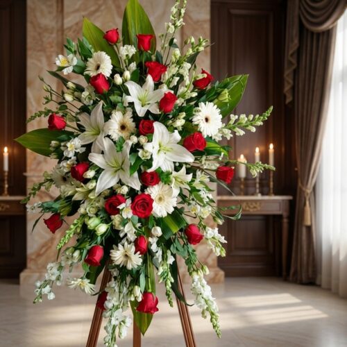 Pedestal fúnebre Adoración con rosas rojas, lirios blancos y margaritas, en sala de velación premium con luz natural suave.