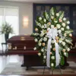 Pedestal fúnebre Descansa Ahora con rosas blancas y durazno, lirios y follaje verde, en una sala de velación moderna con ataú