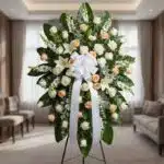 Pedestal fúnebre 'Descansa Ahora' con rosas blancas y durazno, lirios y gladiolos, en una sala de velación premium con luz na