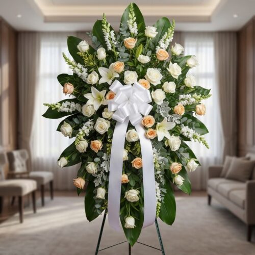 Pedestal fúnebre 'Descansa Ahora' con rosas blancas y durazno, lirios y gladiolos, en una sala de velación premium con luz na