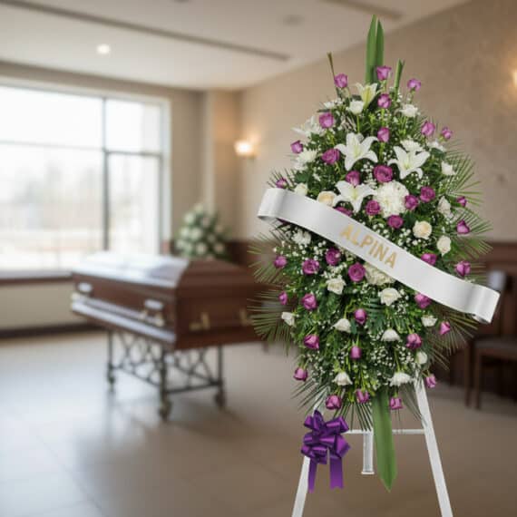Pedestal fúnebre Esteban con rosas moradas y blancas, lirios y follaje, en una sala de velación moderna con ataúd desenfocado