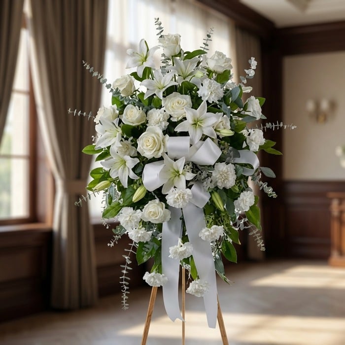 Impresionante pedestal fúnebre 'Hasta Pronto' con lirios, rosas y claveles blancos, realzado con un lazo de satén, en una sal