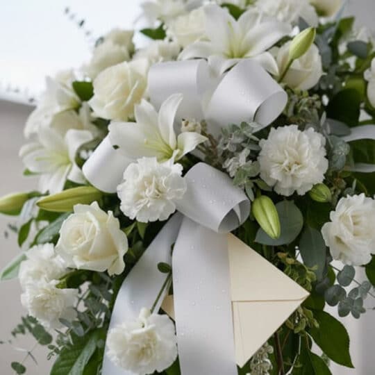 Fotografía macro premium del Pedestal Fúnebre Hasta Pronto, mostrando texturas hiperrealistas de pétalos blancos y follaje ve