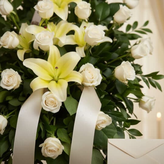 Primer plano de un arreglo floral fúnebre "Luz de Jacinta" con rosas blancas, lirios amarillos pálidos, follaje verde y una c