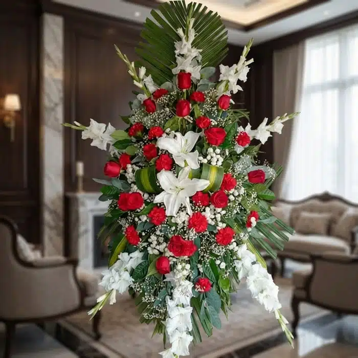 Pedestal Fúnebre Homenaje: Elegancia y Respeto en Rosas y Lirios Pedestal fúnebre Homenaje con rosas rojas, lirios blancos y gladiolos, en una sala de velación premium con luz natural suave.