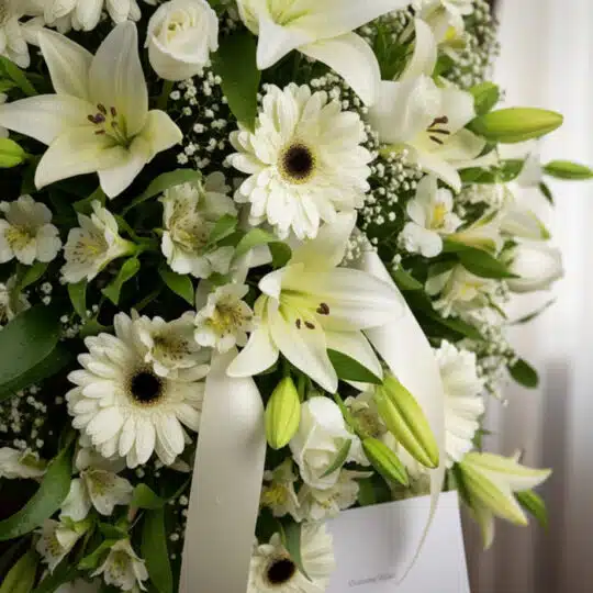Primer plano de un arreglo floral fúnebre blanco con lirios, gerberas y alstroemerias, con rocío sutil y una cinta satinada.