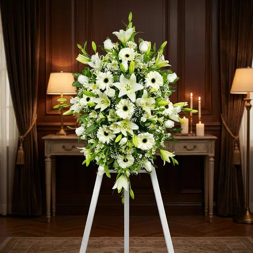 Pedestal fúnebre Inmaculada con lirios blancos, gerberas y follaje verde, presentado en una elegante sala de velación con ilu