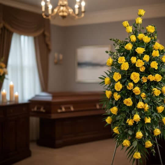 Imponente pedestal fúnebre con rosas amarillas vibrantes y follaje verde, ubicado en una sala de velación moderna con ataúd d