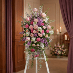 Pedestal funerario 'Luz de Elisa' con rosas, claveles y lirios en tonos pastel, realzado en una sala de velación con iluminac