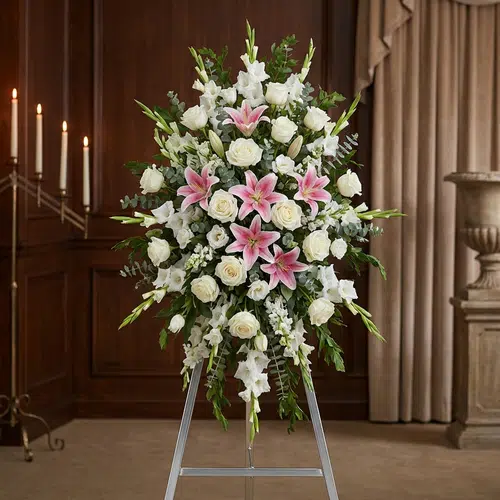 Pedestal de Homenaje «El Legado de Josafat»: Tributo Digno y Solemne 🕊️ Pedestal floral funerario "El Legado de Josafat" con lirios rosas, rosas blancas y gladiolos en sala de velación elegante.