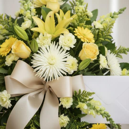 Arreglo floral de homenaje "El Legado de Sebastian" con lirios, rosas, margaritas y crisantemos en tonos blancos, cremas y am