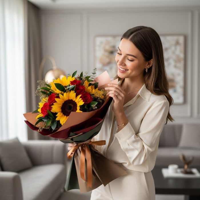 Mujer sonriente admirando el Ramo Aurora de Rosas y Girasoles, con girasoles vibrantes y rosas rojas, en un elegante salón de