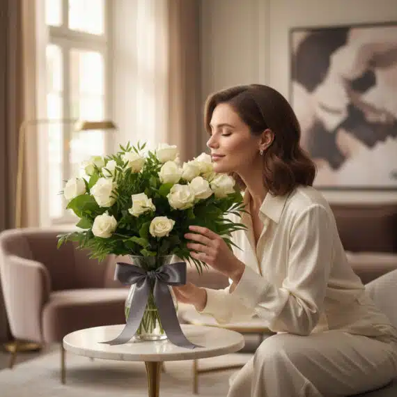 Mujer elegante oliendo un ramo de 18 rosas blancas Serena en un jarrón con moño gris, en un hogar de lujo.