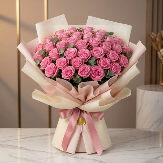 Ramo de 44 Rosas Rosadas Viviana: Elegancia y Amor Ramo de 44 rosas rosadas Viviana con empaque coreano, sobre superficie de mármol, ideal para expresar sentimientos en florist
