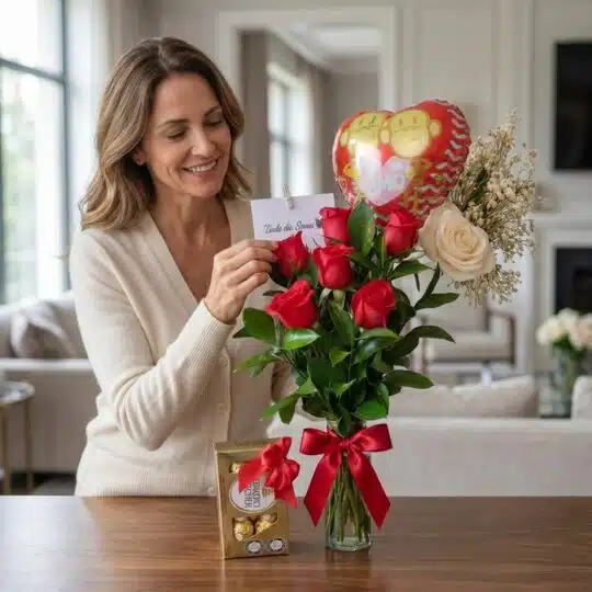 Mujer sonriente admirando un arreglo floral Solitario con Rosas Me Enamoras, con rosas rojas, una rosa blanca, follaje, un gl