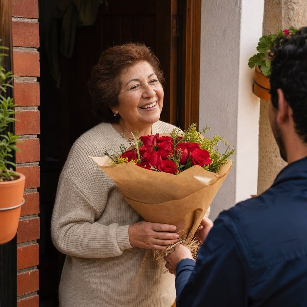 Entrega de arreglo floral a domicilio en Bogotá cliente recibiendo flores