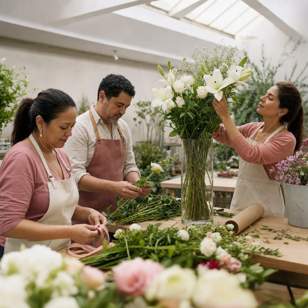 Equipo de floristas profesionales trabajando en taller en Bogotá